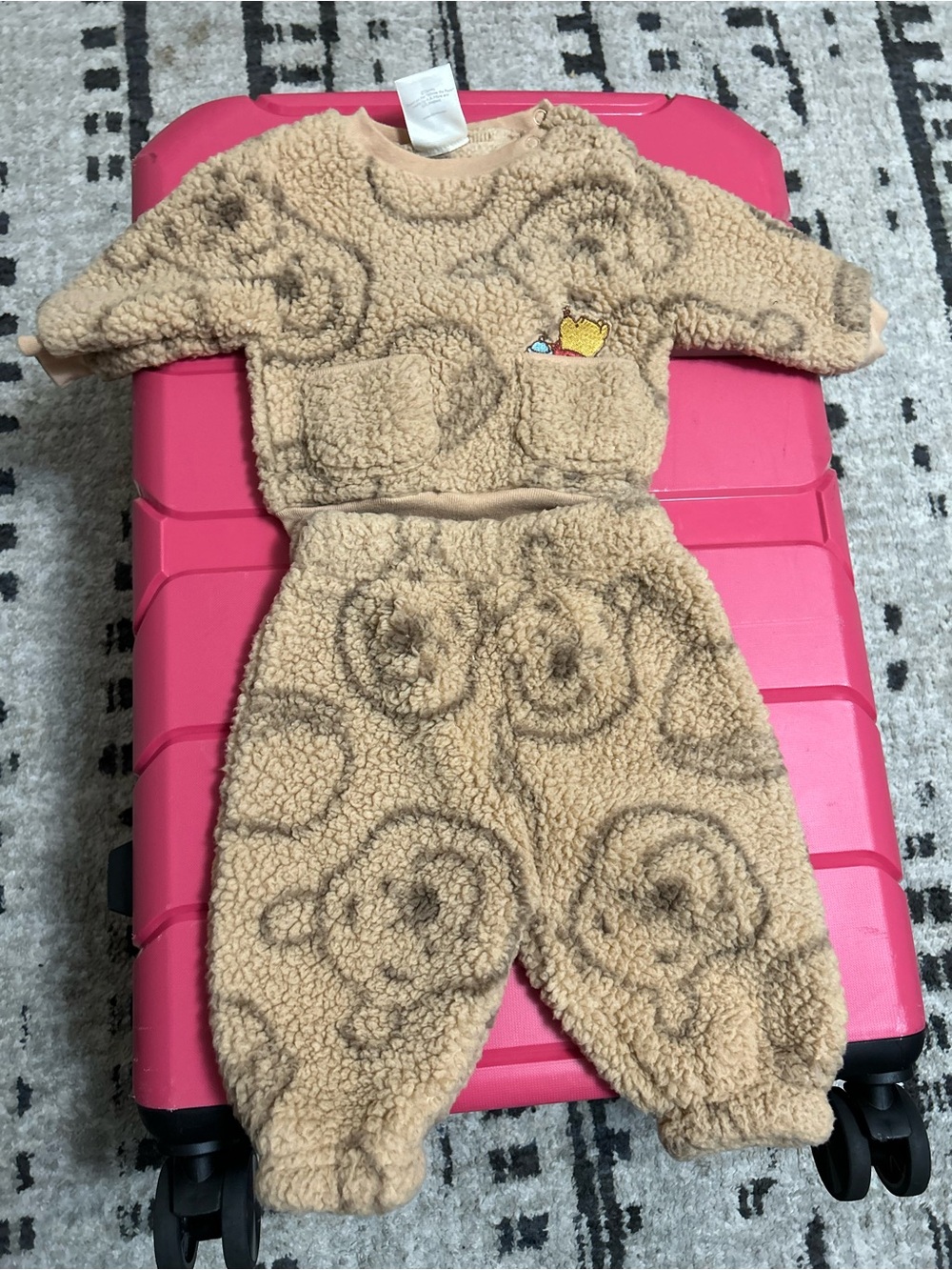 Kids Beige Sherpa Pajama Set with Bear Patch
